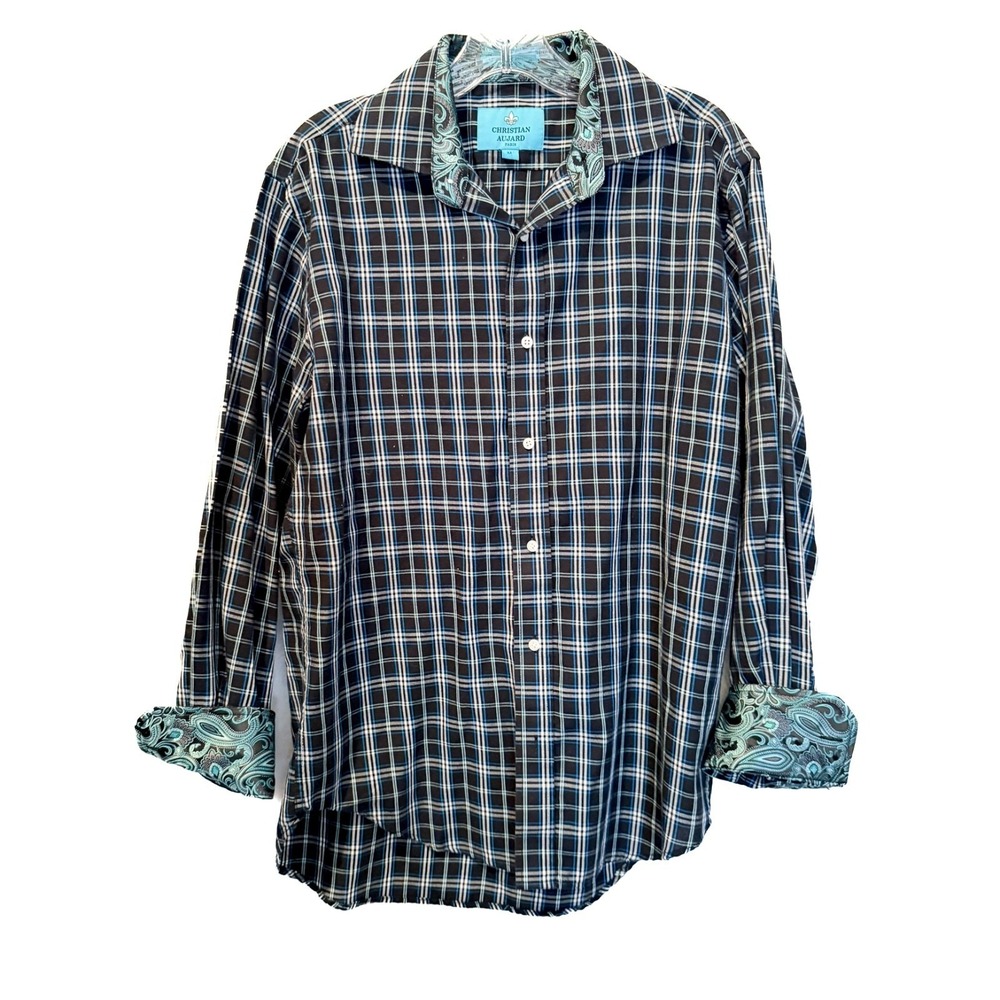 Christian Aujard Paris Plaid Button-Down Shirt Men's Medium Paisley Cuffs‎